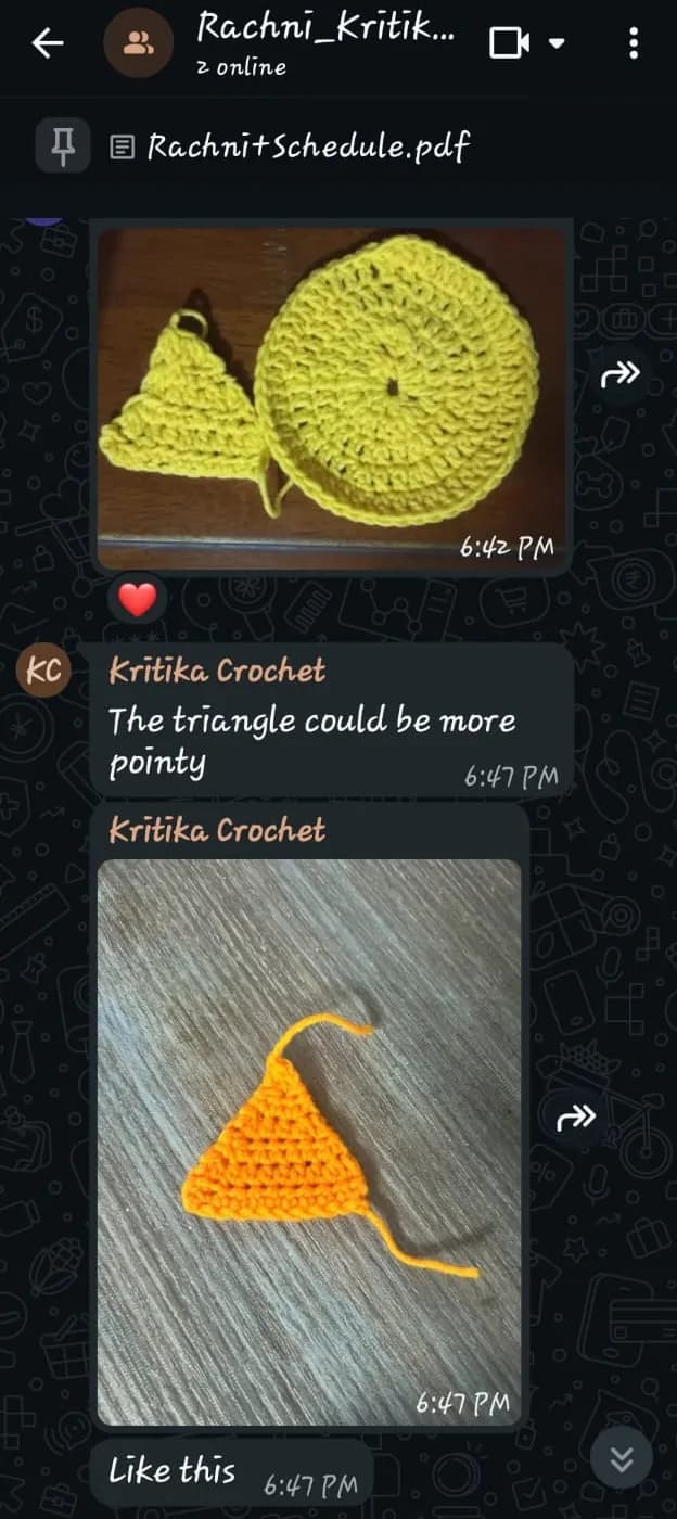 WhatsApp group chat: Kritika replies to a student's triangle with a photo of how to make it more pointy