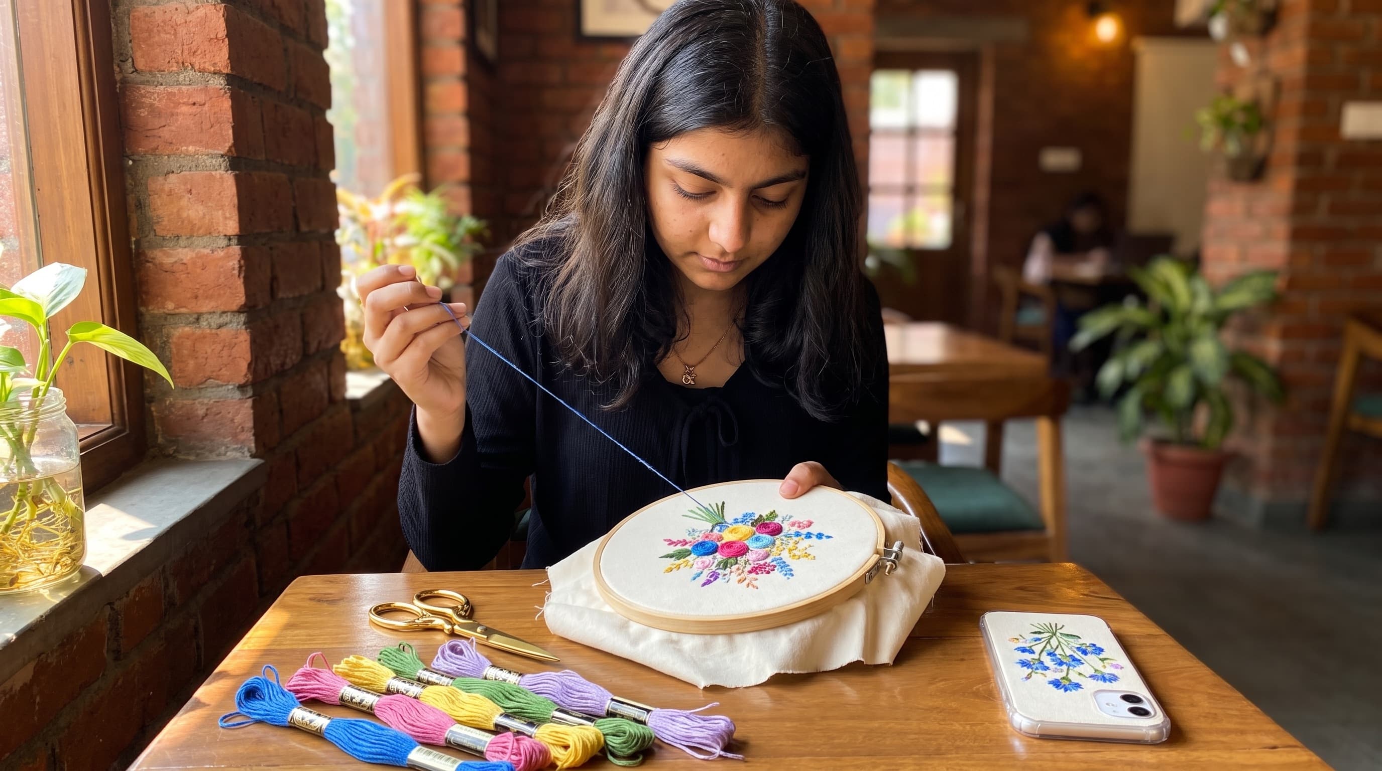 Embroidery workshop — hands stitching a floral design